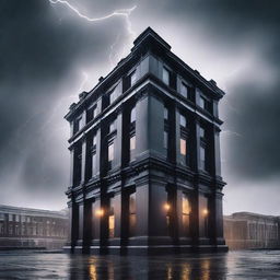 An ebook cover design featuring a dramatic scene of a building in the midst of a storm