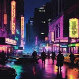 Create an image depicting a bustling cityscape at night, with neon lights illuminating the streets