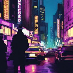 Create an image depicting a bustling cityscape at night, with neon lights illuminating the streets