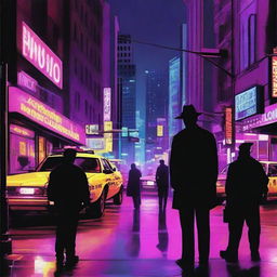 Create an image depicting a bustling cityscape at night, with neon lights illuminating the streets