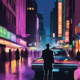 Create an image depicting a bustling cityscape at night, with neon lights illuminating the streets