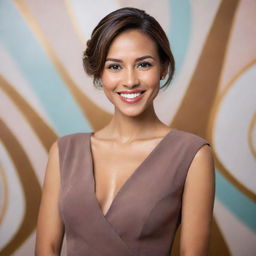 A sophisticated woman with a radiant smile, adorned in classy attire, posed against an abstract background.