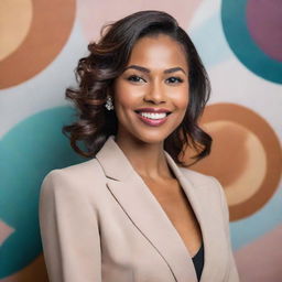 A sophisticated woman with a radiant smile, adorned in classy attire, posed against an abstract background.