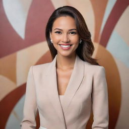 A sophisticated woman with a radiant smile, adorned in classy attire, posed against an abstract background.