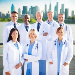 Generate an image of a group of doctors standing together on a bridge