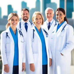 Generate an image of a group of doctors standing together on a bridge