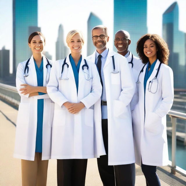 Generate an image of a group of doctors standing together on a bridge