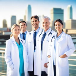 Create an image of a group of doctors standing together on a bridge