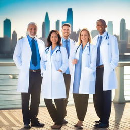 Create an image of a group of doctors standing together on a bridge