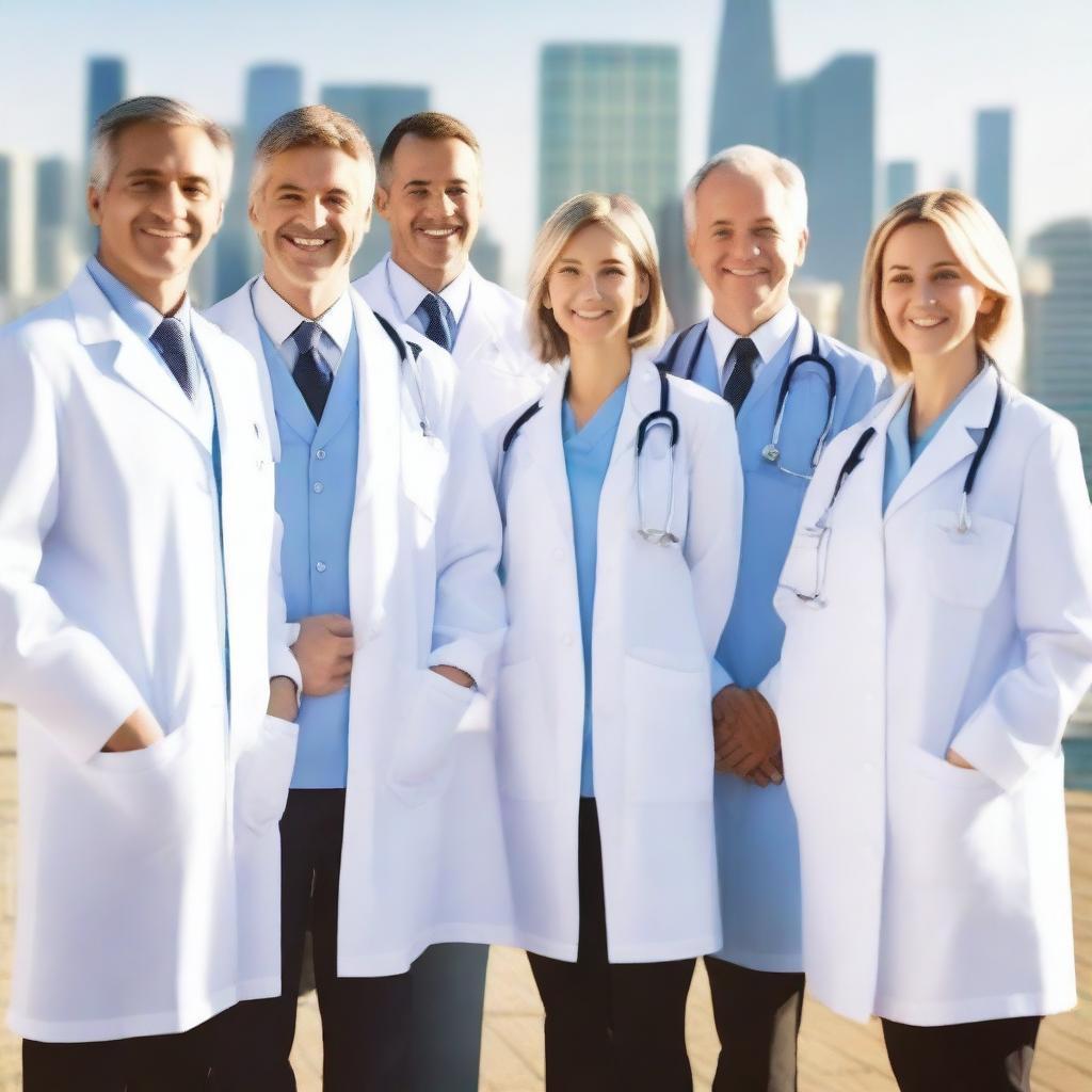 Create an image of a group of doctors standing together on a bridge