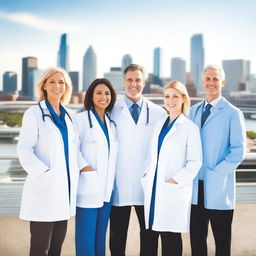 Create an image of a group of doctors standing together on a bridge