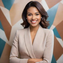 A sophisticated woman with a radiant smile, adorned in classy attire, posed against an abstract background.