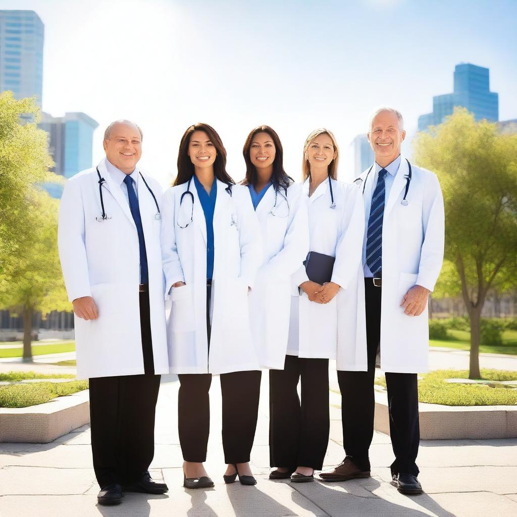 Create an image of a group of doctors standing together on a walkway