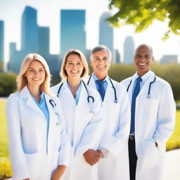 Create an image of a group of doctors standing together on a walkway