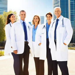 Create an image of a group of doctors standing together on a walkway