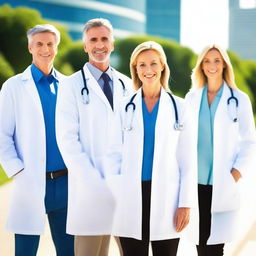 Create an image of a group of doctors standing together on a walkway