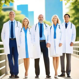 Create an image of a group of doctors standing together on a walkway bridge