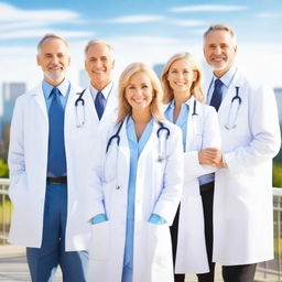 Create an image of a group of doctors standing together on a walkway bridge