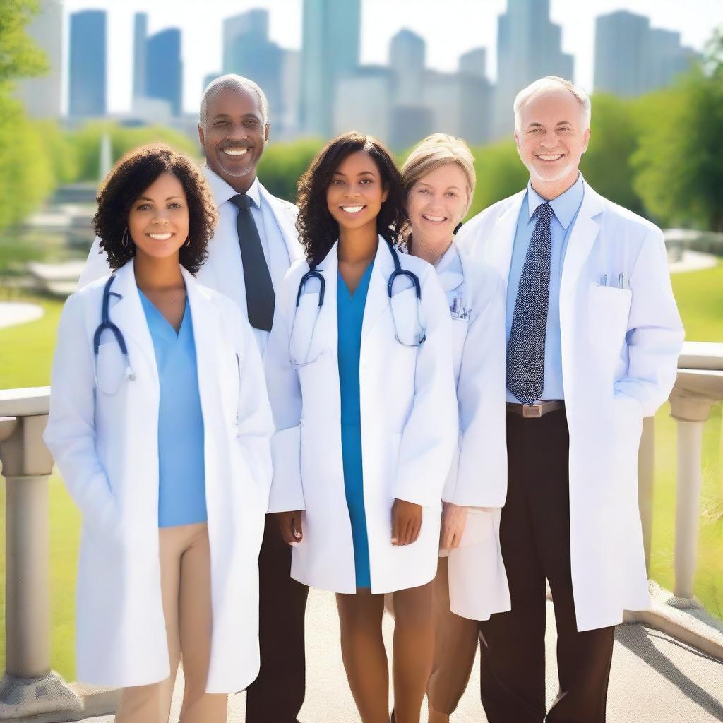 Create an image of a group of doctors standing together on a walkway bridge