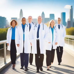 Create an image of a group of doctors standing together on a walkway bridge