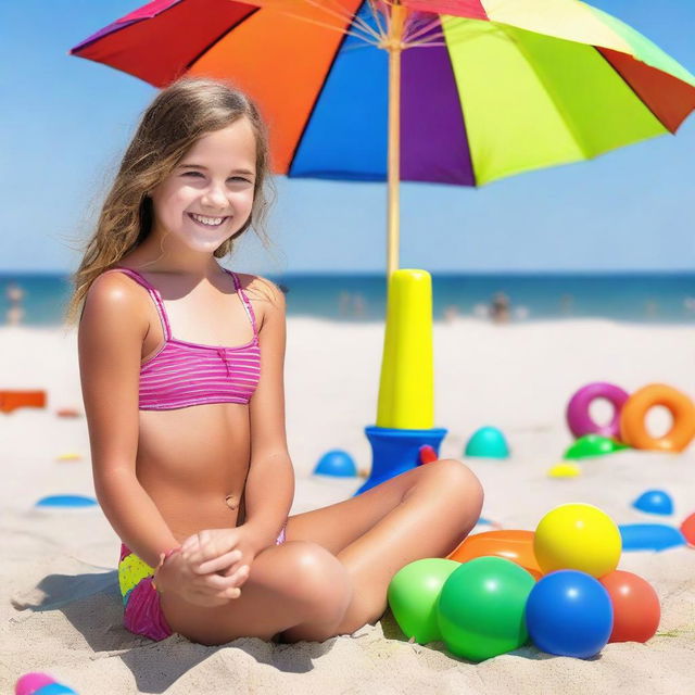 An 11-year-old girl wearing a two-piece swimsuit, enjoying a sunny day at the beach, with the ocean in the background