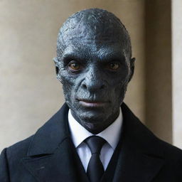 A man with reptilian features wearing a black overcoat