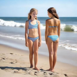 A 13-year-old girl wearing a two-piece swimsuit at the beach