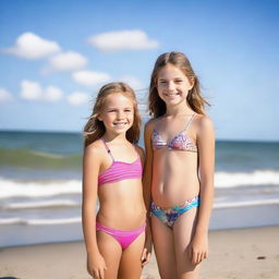 A 13-year-old girl wearing a two-piece swimsuit at the beach