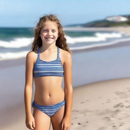 A 13-year-old girl wearing a two-piece swimsuit at the beach