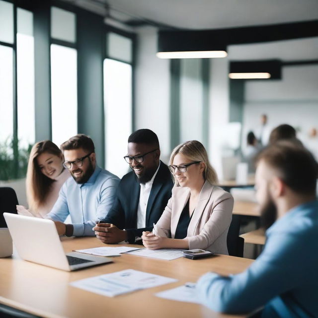 A professional business setting with people in formal attire, working at desks, and having a meeting in a modern office space