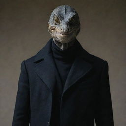 A man with reptilian features wearing a black overcoat