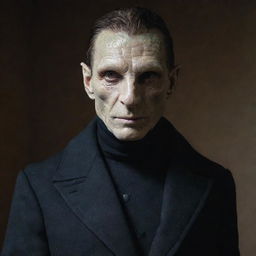 A man with reptilian features wearing a black overcoat