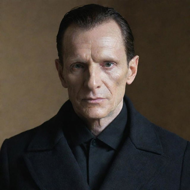 A man with reptilian features wearing a black overcoat