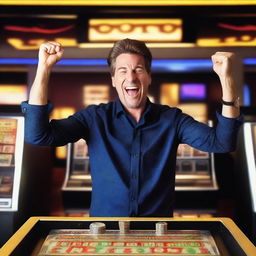 A man celebrating as he wins the jackpot on a slot machine in a casino