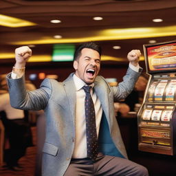 A man celebrating as he wins the jackpot on a slot machine in a casino