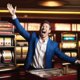 A man celebrating as he wins the jackpot on a slot machine in a casino