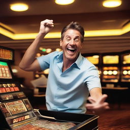 A man celebrating as he wins the jackpot on a slot machine in a casino