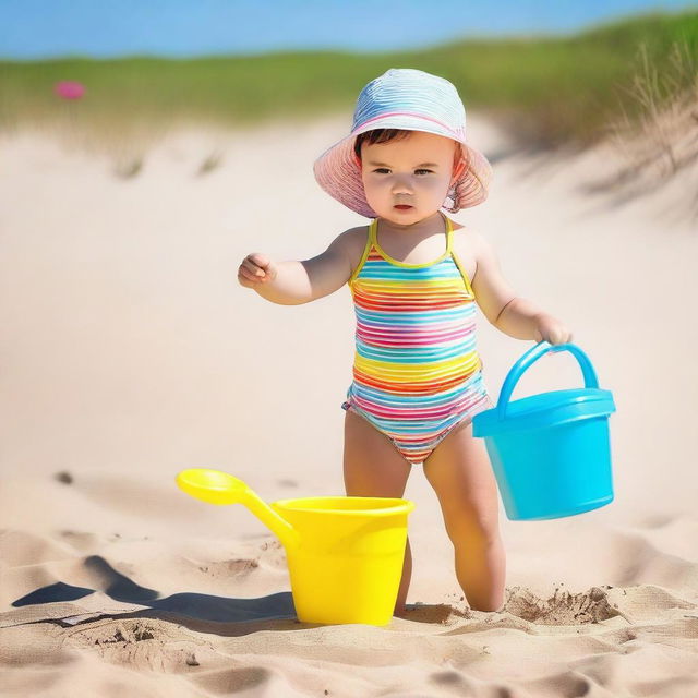 A 2-year-old girl wearing a colorful two-piece swimsuit, playing on the beach with a bucket and shovel