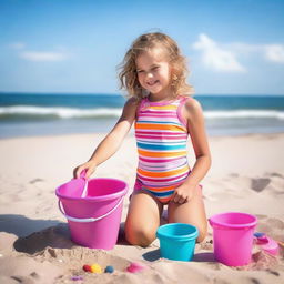 A 9-year-old girl with pink skin wearing a colorful two-piece swimsuit, playing joyfully at the beach