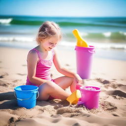 A 9-year-old girl with pink skin wearing a colorful two-piece swimsuit, playing joyfully at the beach