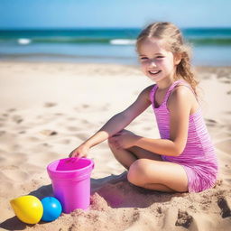 A 9-year-old girl with pink skin wearing a colorful two-piece swimsuit, playing joyfully at the beach