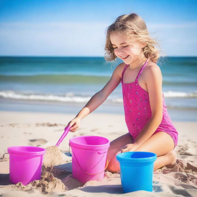 A 9-year-old girl with pink skin wearing a colorful two-piece swimsuit, playing joyfully at the beach