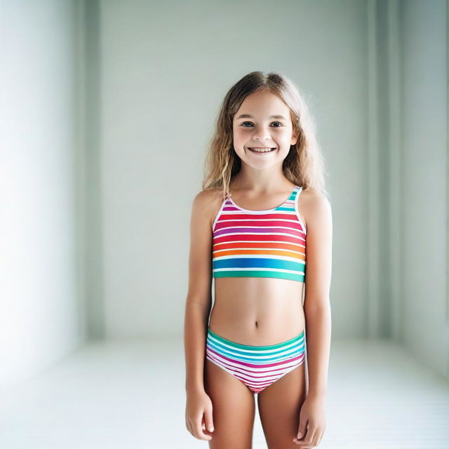 A 9-year-old girl wearing a colorful two-piece swimsuit, standing in a bright white room