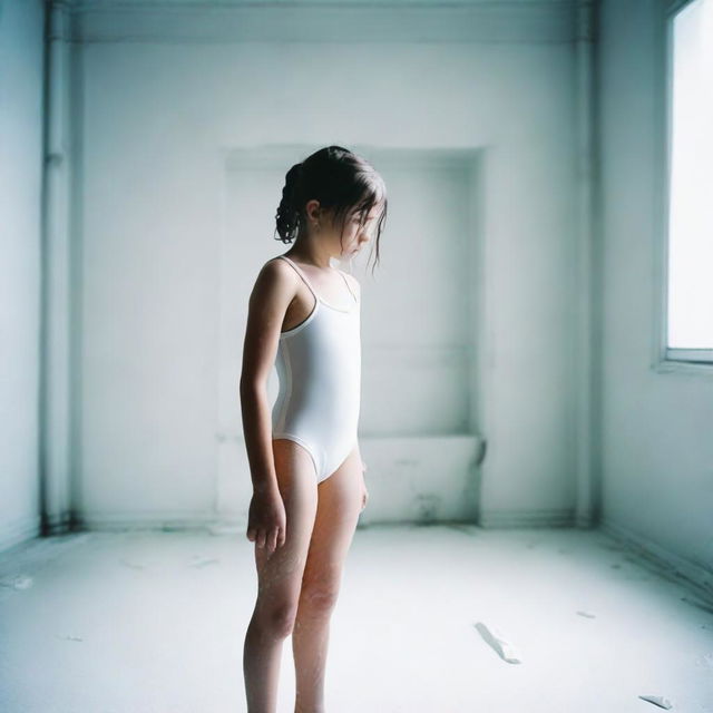 A 9-year-old girl wearing a two-piece swimsuit is standing still in a bright white room