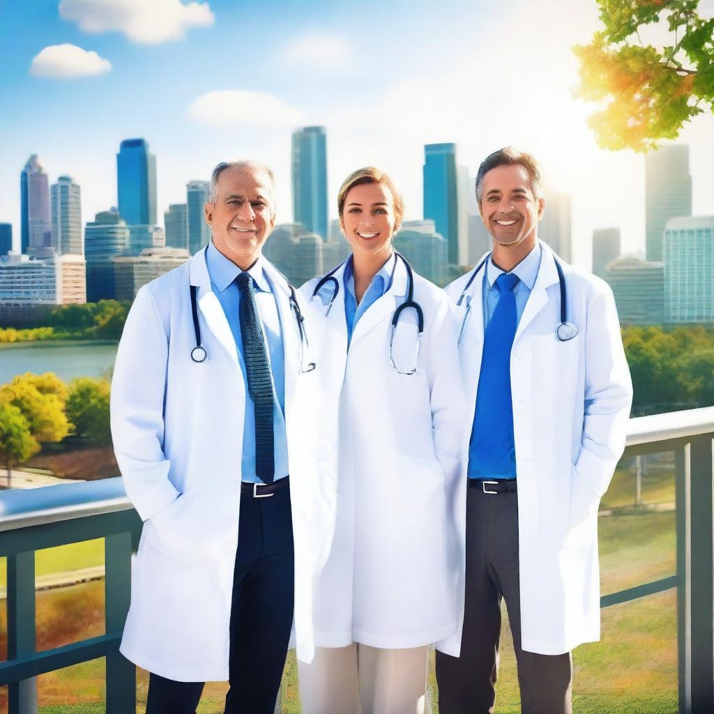 Create an image of doctors standing on a walkway bridge