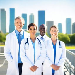 Create an image of doctors standing on a walkway bridge