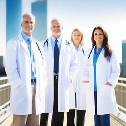 Create an image of doctors standing on a walkway bridge