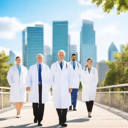 Create an image of doctors standing on a walkway bridge