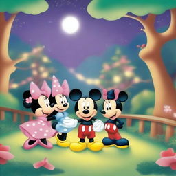 Create an enchanting scene featuring classic Disney characters like Mickey Mouse, Minnie Mouse, and Goofy in a magical forest