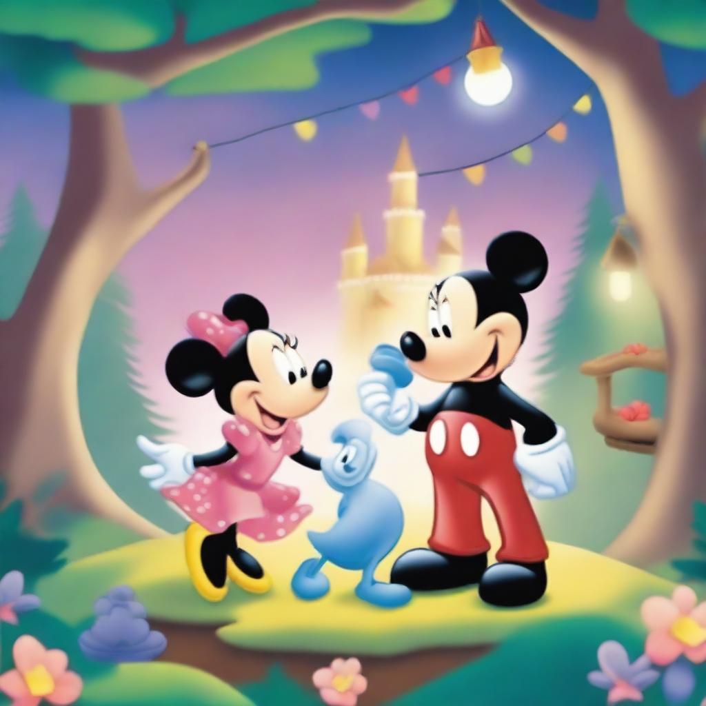 Create an enchanting scene featuring classic Disney characters like Mickey Mouse, Minnie Mouse, and Goofy in a magical forest